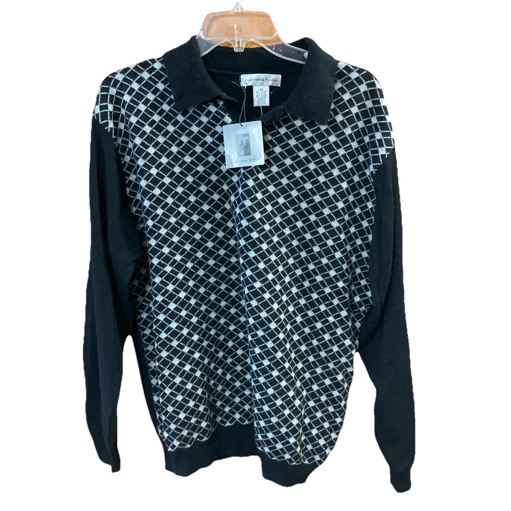 Cypress Links Angora blend Polo Sweater‎ sz L 44 New Black geometric cotton